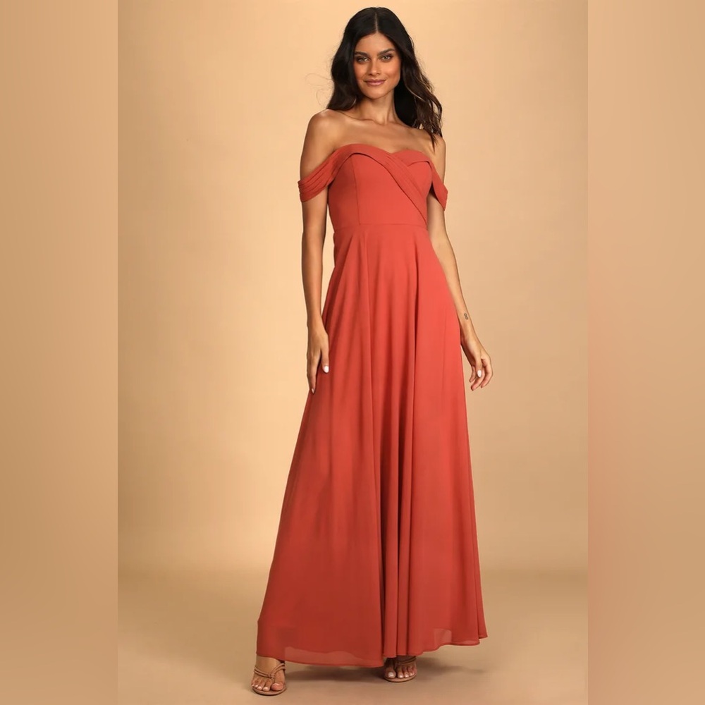 Romantic Elegance Terra Cotta Off-the-Shoulder Maxi Dress